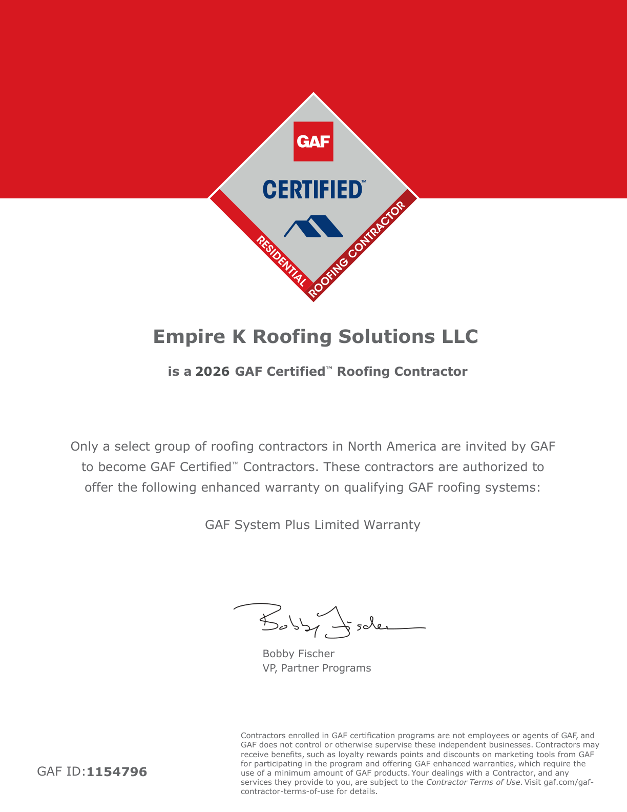 GAF Certified Certificate - Empire K Roofing Solutions